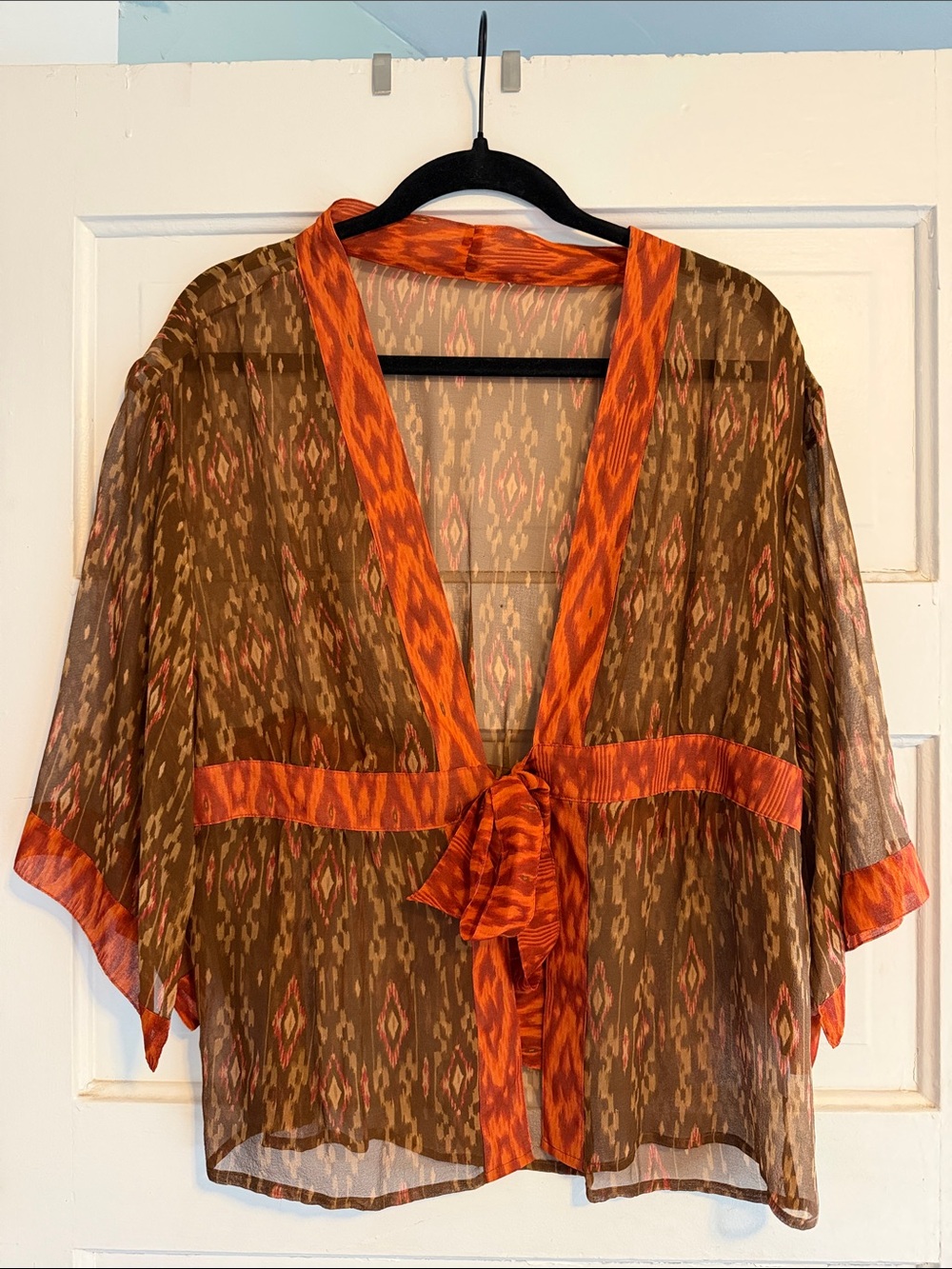 Source Unknown Brown Sheer Ikat Tie-Front Tunic with Orange Trim
